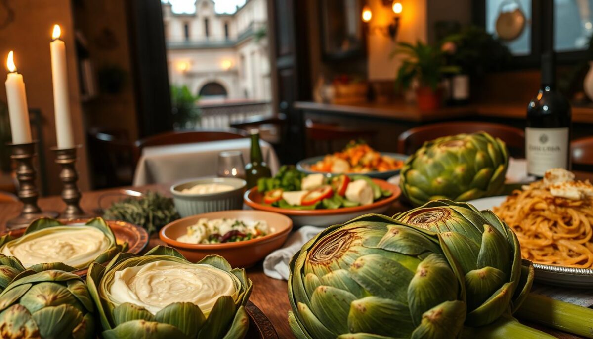 A rustic Roman trattoria setting, illuminated by warm candlelight and soft natural lighting. In the foreground, a selection of freshly harvested artichokes, their vibrant green leaves unfurling to reveal the tender hearts. Alongside, delectable artichoke dishes, each showcasing the vegetable's distinctive flavor - a creamy artichoke dip, a simple sautéed artichoke salad, and a hearty artichoke and pecorino pasta. The middle ground features a wooden table, adorned with a classic Italian linen tablecloth, various herbs, and a carafe of robust red wine. In the background, a glimpse of the historic Roman architecture, hinting at the city's rich culinary heritage.