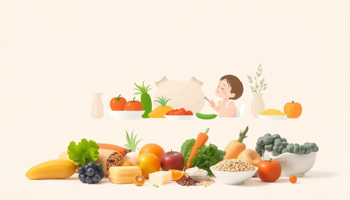 A serene and minimalist illustration of child feeding guidelines against a soft, pastel-hued background. In the foreground, various healthy food items are neatly arranged, including fresh fruits, vegetables, grains, and protein sources. The midground showcases a mother peacefully feeding her young child, conveying a sense of nurturing and attentiveness. Soft, diffused lighting creates a warm, comforting atmosphere, and the composition is balanced and visually appealing, emphasizing the importance of proper nutrition for a child's optimal growth and development.