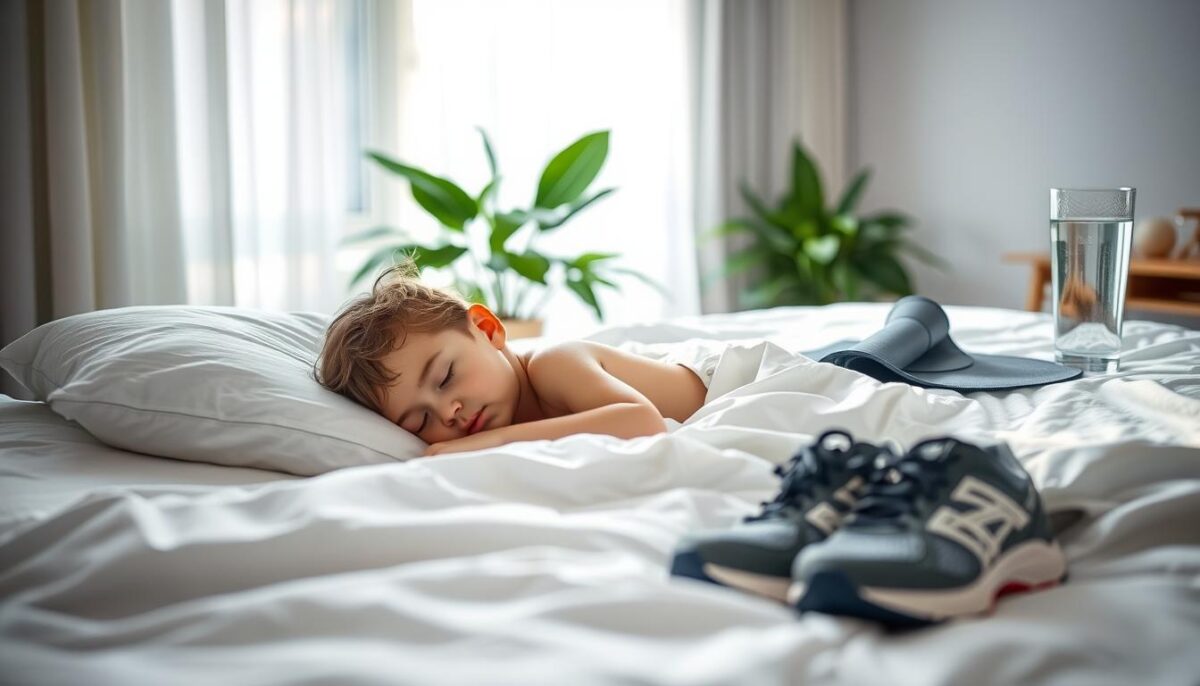 A serene bedroom with a sleeping child surrounded by peaceful elements that promote immune health. In the foreground, the child rests peacefully on crisp white bedding, soft light filtering through sheer curtains. The middle ground features a pair of running shoes and an exercise mat, symbolizing the importance of physical activity. In the background, lush green plants and a glass of water suggest natural sources of nourishment. The overall atmosphere is calming, highlighting the harmonious balance between sleep and exercise for a strong immune system.
