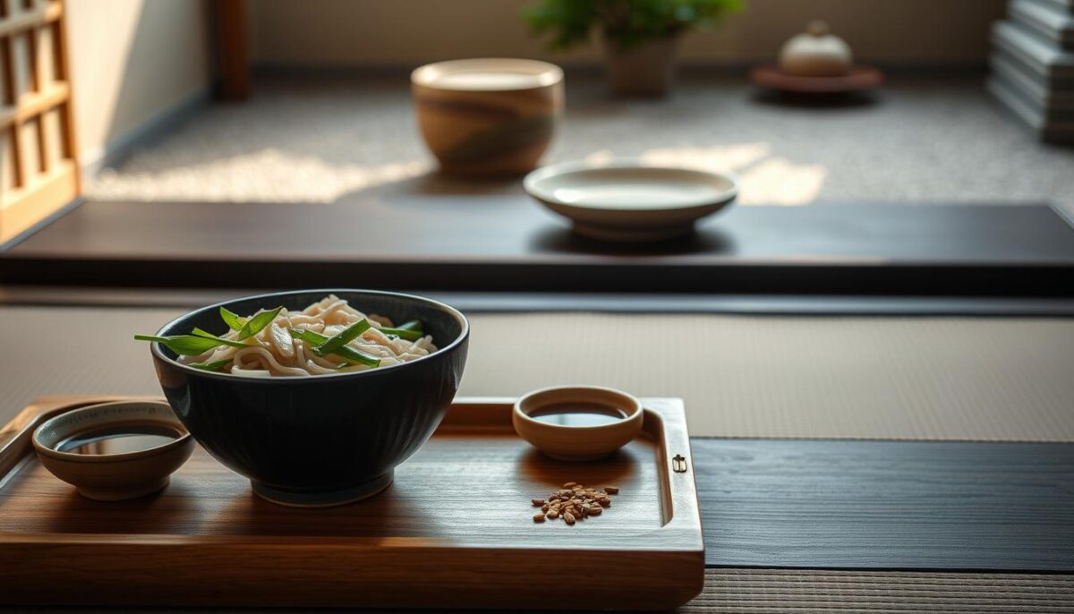 A serene, minimalist scene of a traditional cold zaru soba ritual. In the foreground, a wooden tray holds a bowl of chilled, glistening soba noodles, alongside a small ceramic dish of dipping sauce. Crisp, fresh scallions and a sprinkle of roasted sesame seeds add a vibrant touch. The middle ground features a simple, elegant ceramic plate and chopsticks, set against a background of a sparse, tranquil Japanese garden. Soft, natural light filters in, casting a warm, meditative glow. The overall atmosphere evokes a sense of calm, comfort, and the appreciation of simple, artful pleasures.