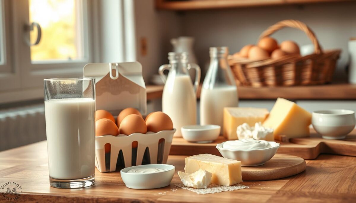 A serene, well-lit kitchen tableau showcasing a variety of dairy and egg-based ingredients. In the foreground, a glass of fresh milk, a carton of organic eggs, and a bowl of creamy yogurt stand in a carefully arranged composition. The middle ground features a cutting board with sliced cheese and a small dish of butter, while in the background, a basket of farm-fresh eggs and a jug of cream sit atop a wooden counter. Warm, natural lighting casts a soft, inviting glow across the scene, highlighting the nutritious, wholesome nature of these essential dietary components for promoting child height.