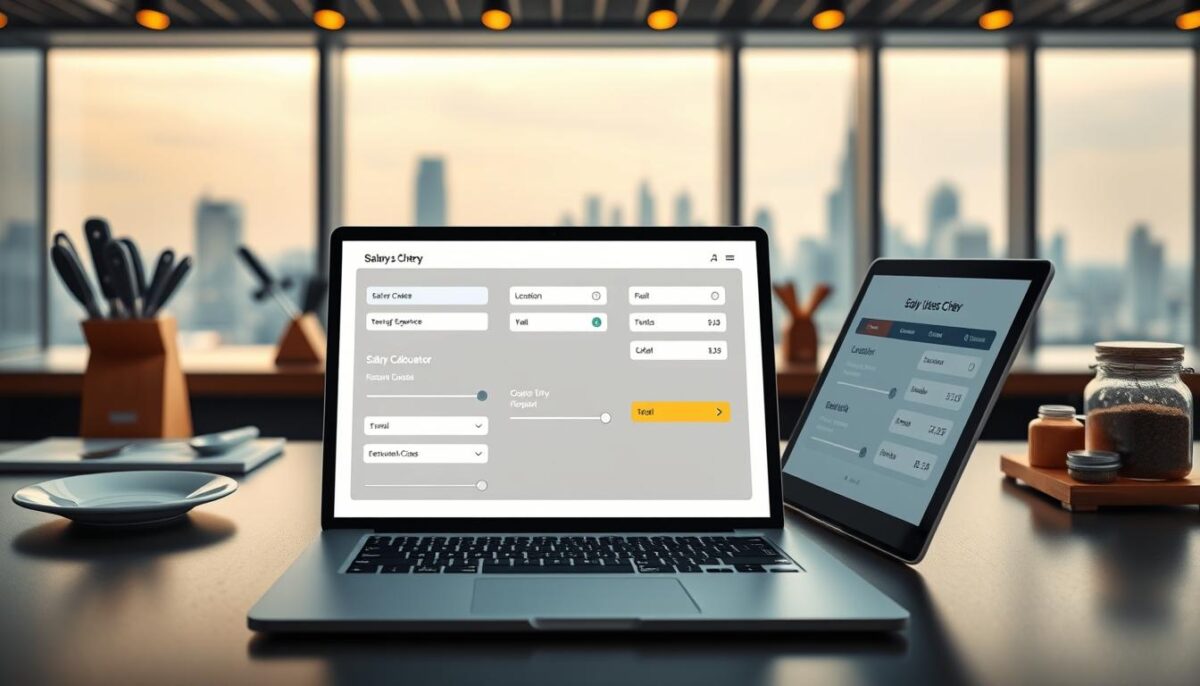 A sleek, modern executive chef's desk with a laptop displaying a dynamic salary calculator interface. The foreground features a crisp, clean design with intuitive controls, sliders, and input fields that allow the user to adjust variables like location, years of experience, and restaurant class. The middle ground showcases meticulously rendered chef's tools and accoutrements, such as a knife set, cutting board, and spice jars, creating an atmosphere of culinary expertise. The background blends a softly blurred cityscape with a warm, professional lighting scheme, evoking a sense of urban sophistication. The overall mood is one of empowerment, precision, and the ability to confidently navigate the financial realities of an executive chef's career.