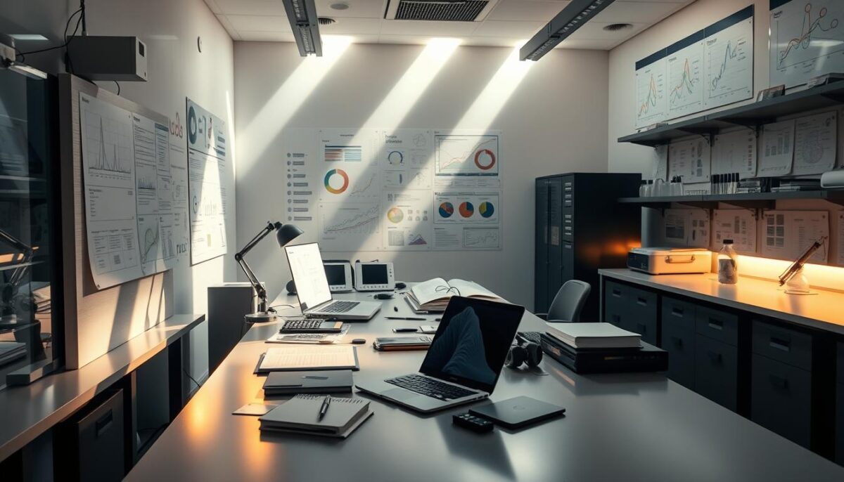 A sophisticated laboratory setting with modern scientific equipment. A large, well-lit desk holds a laptop, notebooks, and various data analysis tools. The walls are adorned with charts, graphs, and scientific diagrams, creating an atmosphere of intellectual pursuit. Beams of soft lighting illuminate the scene, casting a warm, focused glow on the research materials. Subtle shadows and reflections add depth and dimension to the image, conveying a sense of careful, methodical investigation. The overall mood is one of diligent exploration and the pursuit of understanding.