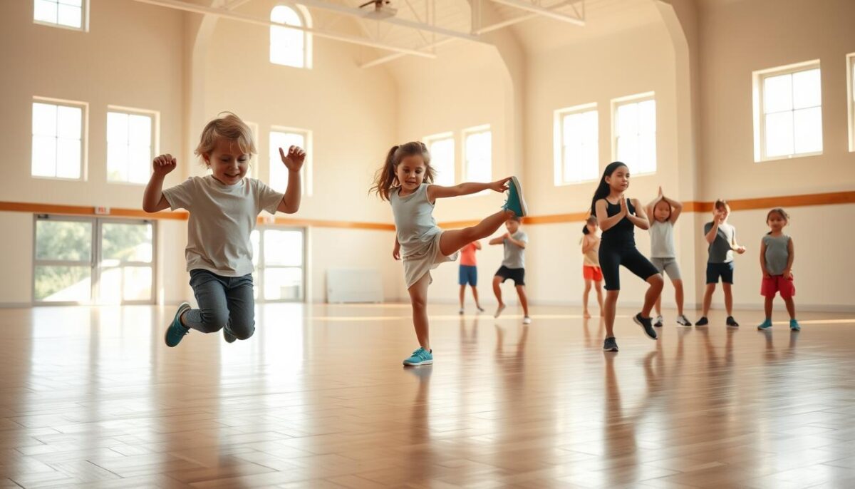 A spacious, well-lit gym setting with high ceilings and large windows. In the foreground, a young child enthusiastically performs jumping jacks, their limbs moving with energy and coordination. In the middle ground, another child balances on one leg, focusing intently as they stretch their other leg behind them. In the background, a group of children engage in a variety of low-impact exercises, such as gentle squats and calf raises, their faces displaying a sense of playful determination. The lighting is warm and natural, casting a soft glow on the scene, and the atmosphere conveys a serene, encouraging environment for healthy growth and development.