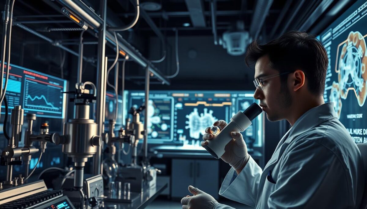 A state-of-the-art medical research lab, filled with gleaming stainless steel and glass instruments. In the foreground, a scientist in a white coat examines a sample under a high-powered microscope, deep in concentration. The middle ground features sleek, futuristic apparatus monitoring real-time data on vitamin D absorption and metabolism. In the background, a large, holographic display shows 3D models of molecular structures and simulations of biological processes. Dramatic, moody lighting casts long shadows, creating an atmosphere of cutting-edge innovation and scientific discovery. The overall scene conveys a vision of the next generation of vitamin D research, pushing the boundaries of our understanding of this essential nutrient.