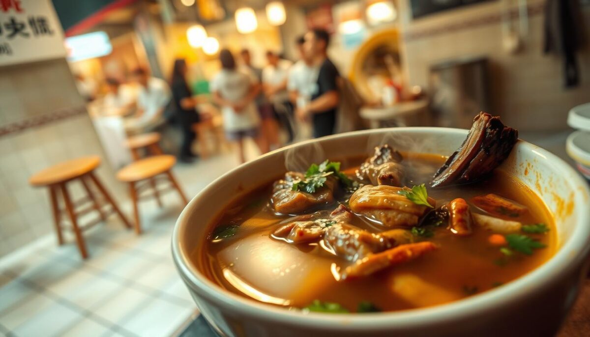A steaming bowl of Bak Kut Teh broth takes center stage, its rich, aromatic mixture of pork ribs, herbs, and spices illuminated by warm, soft lighting. Wisps of steam rise from the bowl, inviting the viewer to lean in and savor the complex flavors. In the background, a traditional Singapore hawker stall setting unfolds, with tiled walls, wooden stools, and a bustling atmosphere. The camera angle is slightly low, emphasizing the depth and complexity of the broth, while the overall mood is one of comfort, authenticity, and the promise of a flavorful culinary adventure.