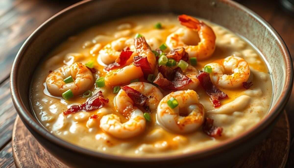 A steaming bowl of creamy, golden grits nestled with plump, seared shrimp. The grits are speckled with bits of crispy bacon, fresh scallions, and a drizzle of tangy, buttery sauce. Soft lighting casts a warm glow, highlighting the dish's inviting textures and comforting aroma. A touch of cayenne pepper adds a subtle kick, balancing the richness. The composition is framed by a rustic, wooden table, conveying a sense of soulful, Southern hospitality. This is a dish that nourishes the body and spirit, a true embodiment of the region's cherished culinary traditions.