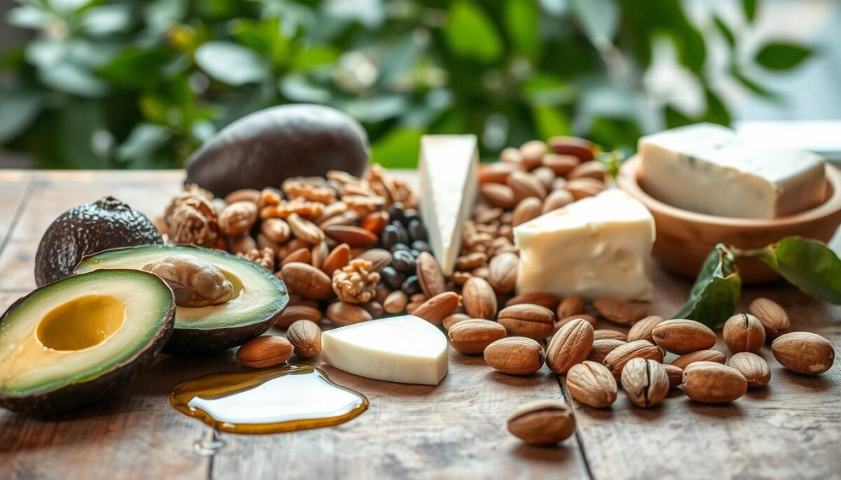 A still life image of various healthy fats and avocados artfully arranged on a rustic wooden table, with natural lighting and a soft, warm color palette. In the foreground, a half-sliced avocado reveals its vibrant green flesh, surrounded by walnuts, almonds, and a drizzle of olive oil. In the middle ground, a variety of nuts, seeds, and a wedge of creamy goat cheese create a visually appealing composition. The background features a blurred backdrop of lush greenery, hinting at the nourishing, brain-boosting properties of the displayed ingredients.