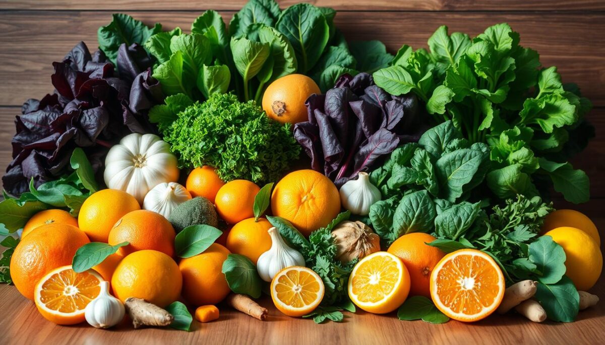 A still life of a wooden table showcasing an assortment of vibrant, nutrient-dense winter produce. In the foreground, a variety of citrus fruits, including oranges, lemons, and grapefruit, are arranged artfully. Behind them, a mix of leafy greens such as kale, spinach, and Swiss chard stand tall, their deep colors creating a lush, verdant backdrop. Scattered throughout are other immune-boosting ingredients like garlic, ginger, and turmeric, their earthy tones complementing the vibrant hues. The lighting is soft and natural, casting gentle shadows that accentuate the textures and shapes of the food. The overall mood is one of abundance, health, and the bounty of the winter season.