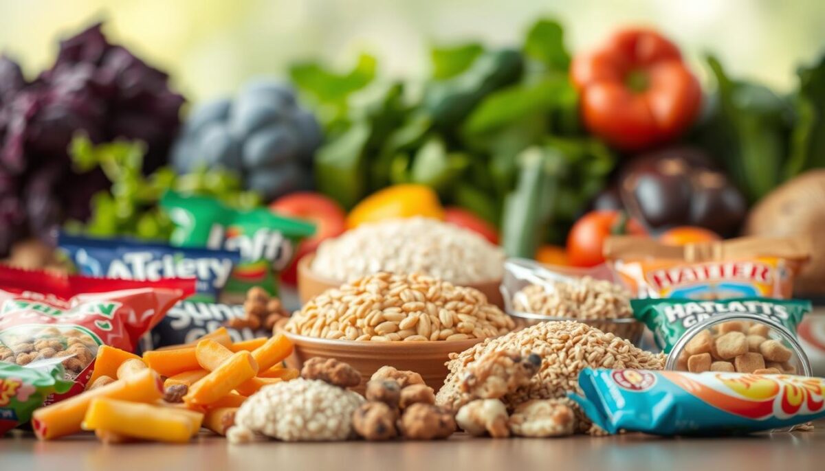 A stylized still life scene depicting an assortment of visually appealing but nutritionally questionable food items. In the foreground, an array of colorful, processed snacks and treats, their packaging designed to seem healthy. In the middle ground, a selection of refined carbohydrates masquerading as whole grains. In the background, a blurred backdrop of lush, vibrant produce, suggesting a healthy, natural environment juxtaposed against the unhealthy foreground. Soft, diffused lighting creates an inviting, almost deceptive atmosphere. Camera angle slightly low, lending an air of authority and emphasis to the pseudo-healthy "traps" at the center of the frame.