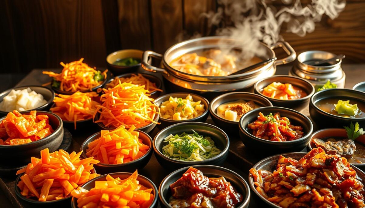 A sumptuous arrangement of traditional Korean banchan and soups, captured in a warm, inviting light. In the foreground, an assortment of vibrant banchan dishes, their colors and textures bursting forth - crisp kim-chi, glistening japchae, fragrant jeon, and more. Behind them, a simmering pot of hearty doenjang-jjigae, its savory steam wafting through the frame. The scene is set against a backdrop of rustic, wooden surfaces, lending an authentic, homely atmosphere. The overall composition is balanced and symmetrical, guiding the viewer's eye through the delectable spread. This image perfectly encapsulates the essence of classic Korean cuisine, celebrating the depth and diversity of flavors that define the country's culinary heritage.