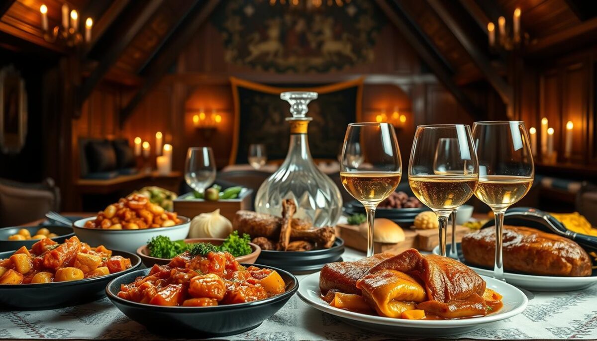 A sumptuous spread of Hungarian delicacies elegantly paired with the renowned Tokaji wine. In the foreground, a selection of hearty dishes, such as goulash, stuffed cabbage, and roasted meats, expertly curated to complement the complex flavors of the golden nectar. The middle ground features an exquisite crystal decanter and crystal glasses, casting a warm glow over the scene. In the background, a rich, oak-paneled interior evokes the timeless charm of a traditional Hungarian tavern, complete with intricate tapestries and flickering candles, creating an atmospheric ambiance. Soft, diffused lighting illuminates the scene, accentuating the vibrant colors and textures of the food and wine. The overall composition conveys a sense of refined elegance and culinary mastery, inviting the viewer to savor the delights of Hungarian cuisine and the renowned Tokaji wine.