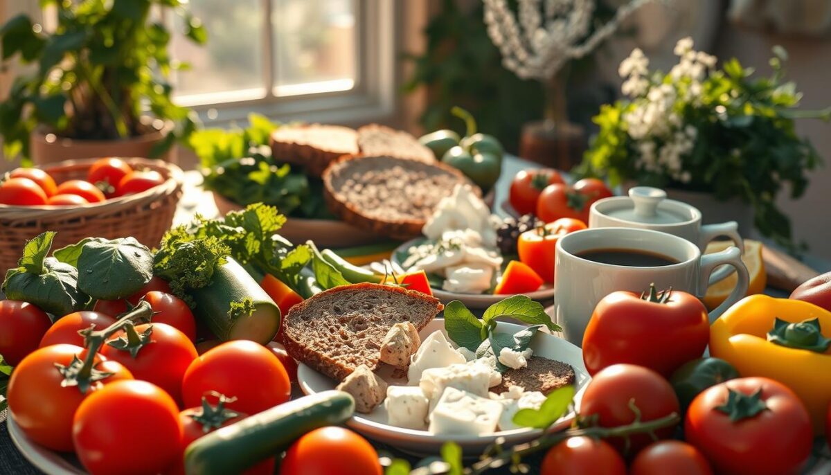 A sun-dappled Mediterranean breakfast tableau. In the foreground, an array of vibrant fruits and vegetables - juicy tomatoes, crisp cucumbers, leafy greens, and vibrant bell peppers. In the middle ground, a platter of whole-grain bread, rich olive oil, and tangy feta cheese. Finished with a scattering of aromatic herbs and a steaming cup of freshly brewed coffee. The scene is bathed in warm, golden light, captured through a wide-angle lens to create a sense of calm and abundance. The overall mood is one of nourishment, vitality, and the joy of simple, wholesome fare.