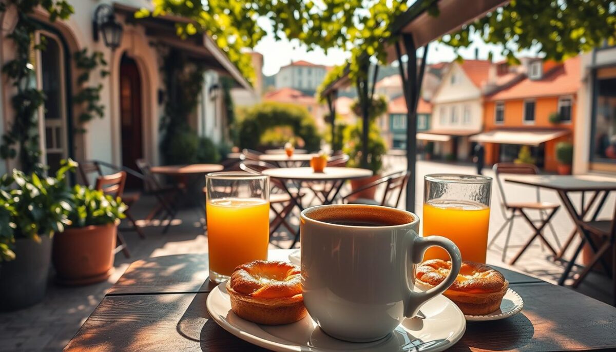 A sun-drenched cafe terrace in Lisbon, Portugal. Foreground: A classic Portuguese breakfast spread, complete with a steaming mug of rich, aromatic coffee, freshly squeezed orange juice, and a flaky, golden-brown pastéis de nata (custard tart). Middle ground: Rustic wooden tables and chairs, surrounded by verdant potted plants and vines cascading from overhead trellises. Background: Cobblestone streets, colorful facades, and a glimpse of the city's iconic red-tiled roofs in the distance. Warm, soft lighting filters through the scene, creating a cozy, inviting atmosphere. The viewer is transported to a serene, quintessential Portuguese morning, savoring the simple pleasures of a local breakfast tradition.