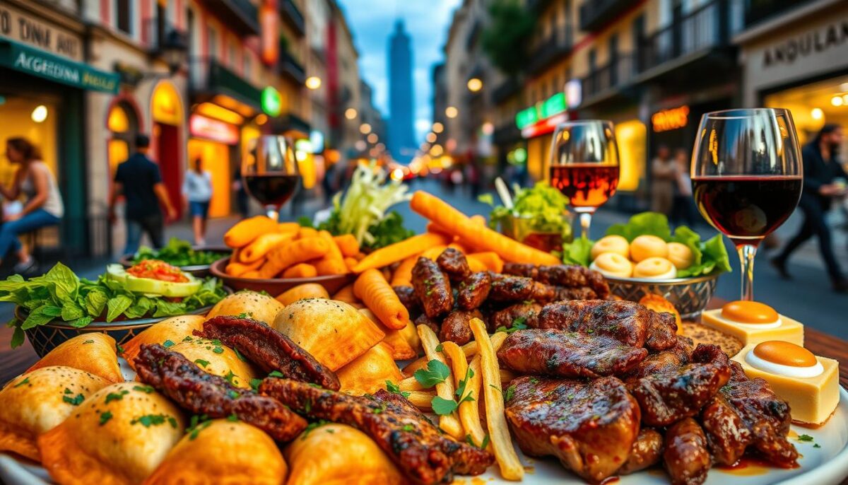 A tantalizing array of Argentine culinary delights set against the vibrant backdrop of Buenos Aires' iconic streetscape. In the foreground, a sumptuous display of sizzling beef empanadas, juicy chimichurri-marinated steaks, and fluffy, golden-brown provoleta. Surrounding them, a lively composition of crisp, verdant salads, creamy dulce de leche desserts, and fragrant glasses of robust Malbec wine. Illuminated by warm, golden lighting that casts a tantalizing glow, the scene evokes the vibrant, convivial spirit of Buenos Aires' bustling food culture. Captured with a shallow depth of field that draws the eye to the mouthwatering details, this image invites the viewer to step into the heart of the city's most iconic culinary experiences.