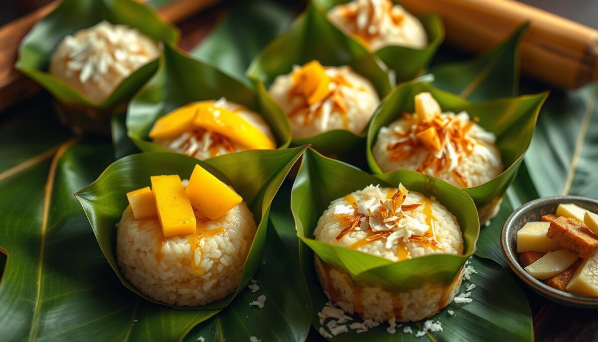 A tantalizing spread of authentic Thai desserts, featuring a mouthwatering arrangement of vibrant sticky rice cakes nestled in lush, verdant banana leaves. The sticky rice is infused with rich coconut milk, creating a creamy, indulgent texture that melts on the tongue. Complementary toppings such as sweet mango slices, toasted coconut flakes, and a drizzle of fragrant pandan syrup add layers of flavor and visual appeal. The scene is captured in warm, golden lighting, conveying the comforting and satisfying nature of these traditional Thai sweets. Shot from a slightly elevated angle, the composition showcases the diverse array of colors, textures, and shapes that make these desserts a true delight for the senses.