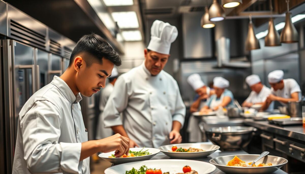 A vast commercial kitchen, gleaming with stainless steel appliances and bustling with activity. In the foreground, a student in a crisp white uniform diligently prepares a dish, brow furrowed in concentration. In the middle ground, an experienced chef in a toque blanche oversees the work, offering guidance and feedback. The background reveals a traditional apprenticeship workshop, with seasoned cooks sharing their techniques and wisdom with eager learners. Soft, warm lighting illuminates the scene, creating an atmosphere of culinary camaraderie and the exchange of knowledge. The image conveys the distinct paths of culinary education - the structured, academic approach of culinary school versus the hands-on, mentorship-driven apprenticeship.