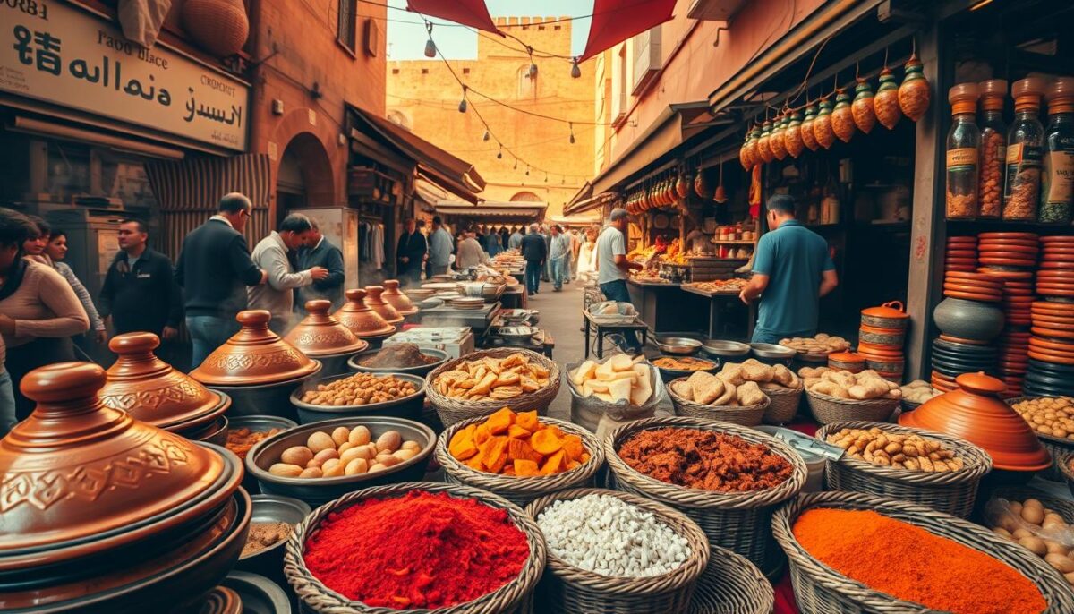 A vibrant Moroccan street food scene, captured with a wide-angle lens. Foreground filled with an array of colorful tagine dishes, steaming savory bites, and fragrant spices in woven baskets. Middle ground showcases a bustling open-air market, with vendors hawking freshly grilled meats, sizzling flatbreads, and sweet pastries. In the background, the towering walls of the medina cast warm, golden light, creating an intimate, authentic atmosphere. Textures abound - rough earthenware, shiny metal, weathered wood, and abundant, tactile ingredients. The image exudes the enticing aromas and lively energy of Marrakech's captivating street food culture.