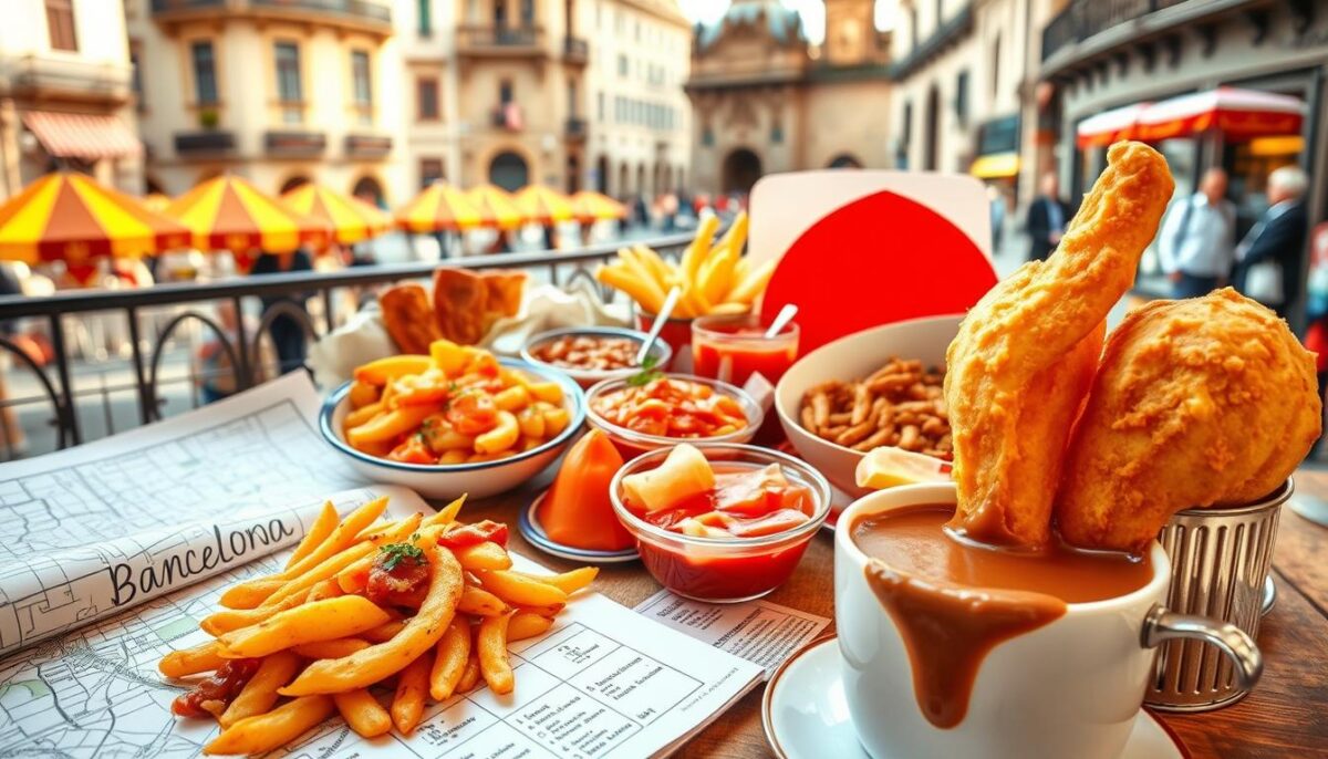 A vibrant and artfully arranged spread of iconic Barcelona street food and tapas, captured in a warm, natural light. In the foreground, a hand-drawn city map and an open guidebook, hinting at the day's food journey. The middle ground features an array of colorful dishes - crunchy patatas bravas, vibrant gazpacho, glistening jamón serrano, and flaky, golden-brown churros dipped in thick hot chocolate. In the background, glimpses of Barcelona's historic architecture and lively street life, creating a sense of immersion in the city's rich culinary culture. The overall composition exudes a mood of eager anticipation and joyful exploration, inviting the viewer to plan their own delectable day in Barcelona.