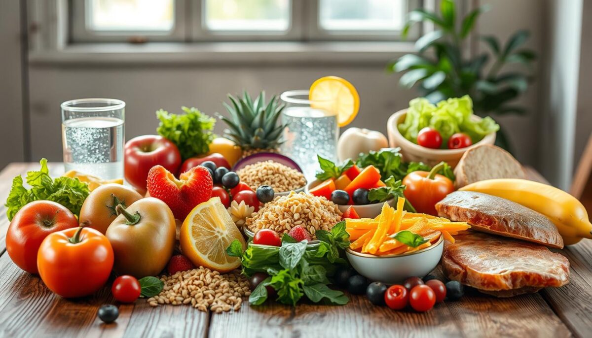 A vibrant and balanced meal featuring a variety of fresh fruits, vegetables, whole grains, lean proteins, and healthy fats. The food items are artfully arranged on a rustic wooden table, illuminated by soft natural lighting filtering through a window. The composition is visually appealing, with colors and textures creating a sense of harmony. A glass of water and a lemon wedge add a refreshing accent. The overall mood conveys nourishment, moderation, and a mindful approach to nutrition.