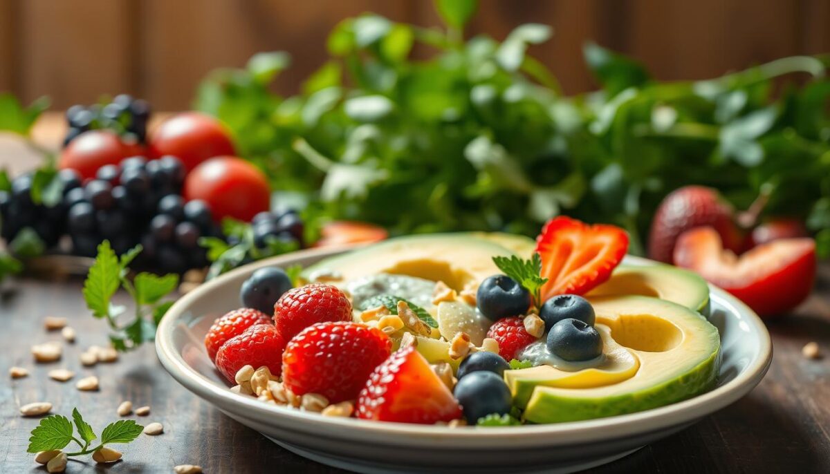 A vibrant and nourishing superfood meal for children, featuring a colorful array of ingredients. In the foreground, a plate showcases a balanced composition of nutrient-rich elements - juicy berries, crisp vegetables, and creamy avocado slices. Delicate greens and fresh herbs provide a lush, verdant backdrop, while a sprinkle of crunchy seeds and nuts adds textural interest. Soft, natural lighting creates a warm, inviting atmosphere, highlighting the fresh, wholesome appeal of this visually striking and appetizing superfood dish. The overall scene conveys a sense of health, vitality, and a playful, child-friendly presentation to encourage young appetites.