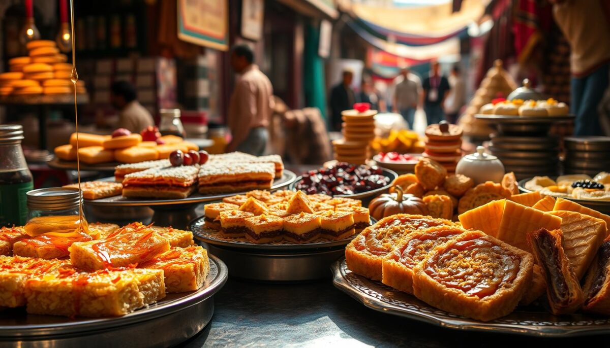 A vibrant and richly-textured scene of Egyptian desserts and sweet treats, captured in warm, natural lighting. In the foreground, an assortment of delicate pastries and confections - from flaky baklava drizzled in honey, to colorful kunafa layered with fragrant cheese and shredded phyllo. On a low table, a platter of glistening halawa tahinia and sticky, date-filled ma'amoul cookies. In the middle ground, a display of traditional Egyptian sweets like basbousa, om ali, and kanafeh, their intricate patterns and golden hues radiant under the soft illumination. The background features a glimpse of a bustling Cairo marketplace, bustling with the energy and aromas of the city's vibrant culinary culture.