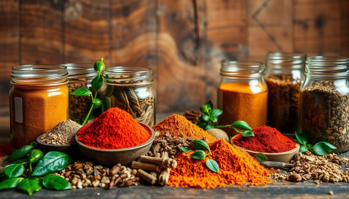 A vibrant arrangement of Southwest spices, meticulously crafted against a backdrop of warm, earthy tones. In the foreground, an array of rustic glass jars showcases an enticing palette of chili peppers, cumin, paprika, and coriander, their colors and textures inviting the viewer to imagine the bold, flavorful dishes they would inspire. The middle ground features a weathered wooden surface, hinting at the authentic, homemade quality of these regional ingredients. Soft, directional lighting casts subtle shadows, adding depth and dimension to the scene. The overall atmosphere evokes the spirit of Route 66, where travelers can discover the rich, diverse culinary traditions of the American Southwest.