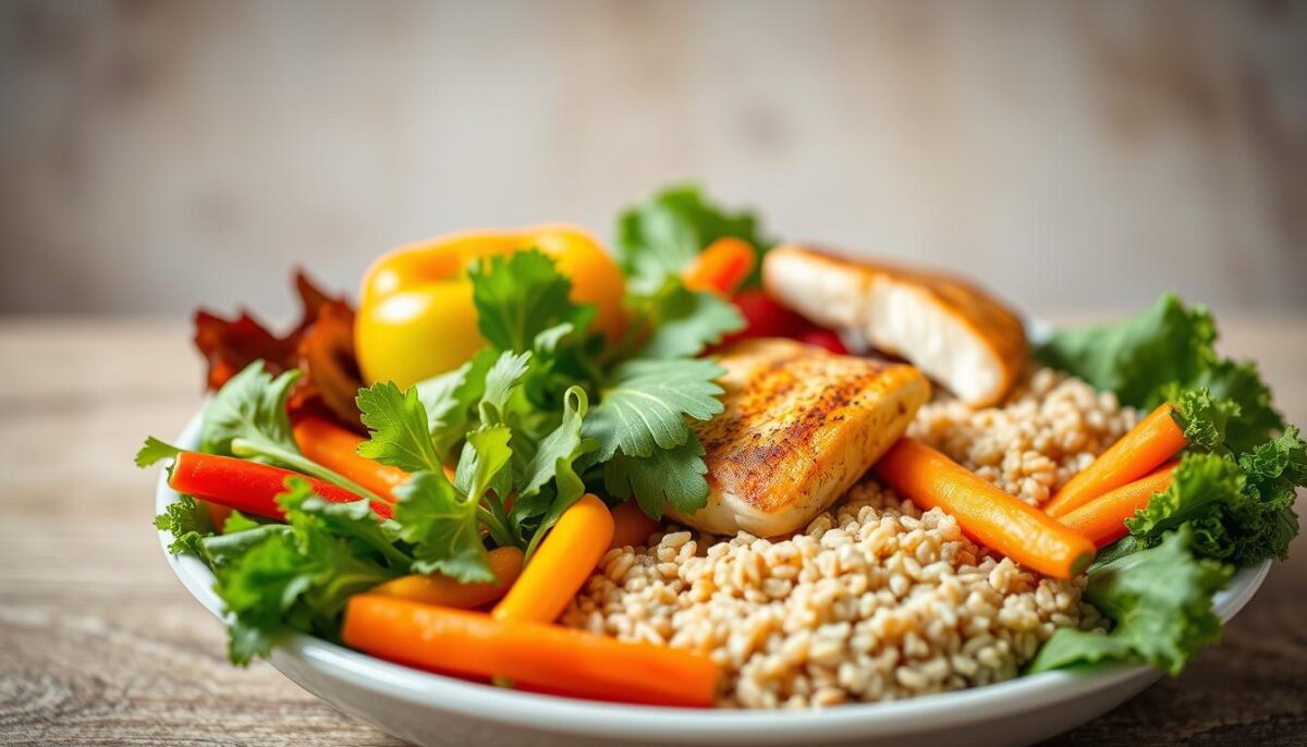 A vibrant, balanced plate featuring an array of nutrient-rich foods arranged in a visually appealing manner. In the foreground, a selection of fresh vegetables, such as leafy greens, colorful bell peppers, and crisp carrots, are artfully arranged. In the middle ground, lean protein sources like grilled chicken or fish fillets are presented alongside hearty whole grains, such as quinoa or brown rice. The background features a subtle, soft-focused backdrop, conveying a sense of calm and wellness. The lighting is natural and warm, accentuating the vibrant colors and textures of the foods. The overall composition exudes a sense of harmony, balance, and nutritional equilibrium, capturing the essence of a well-rounded, healthy diet.