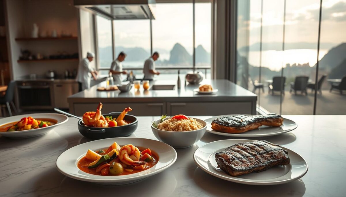 A vibrant, contemporary presentation of classic Rio cuisine, captured in a sleek, modern setting. In the foreground, a selection of traditional Brazilian dishes with a creative twist - a flavorful moqueca stew with grilled prawns, an arroz de forno (baked rice) infused with tropical fruits, and a subtly smoked picanha steak. The middle ground showcases a minimalist, open-concept kitchen, where chefs in crisp white uniforms skillfully prepare the meals. Soft, natural lighting filters in through large windows, casting a warm glow across the scene. In the background, a breathtaking view of Sugarloaf Mountain and the sparkling Guanabara Bay, a testament to Rio's iconic natural beauty. The overall atmosphere exudes a fusion of modernity and Brazilian culinary heritage.