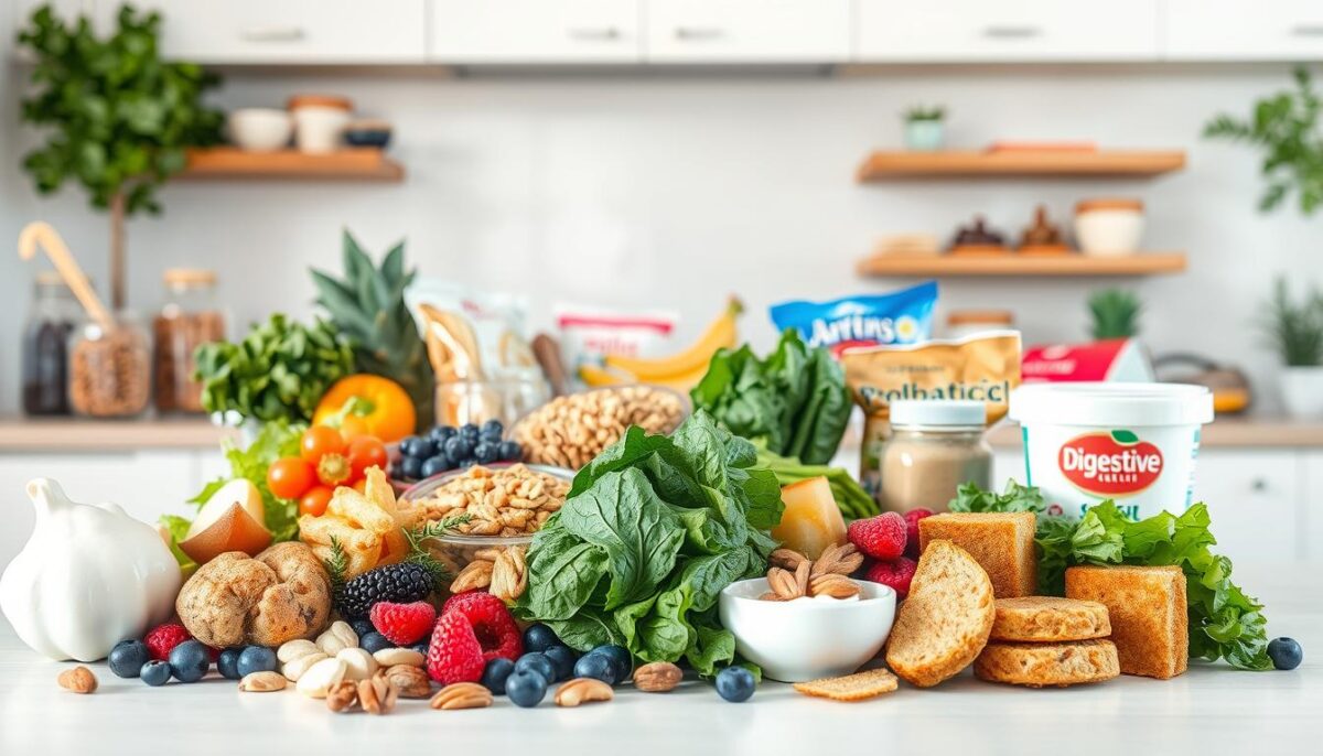 A vibrant, detailed scene depicting a variety of digestive health food swaps. In the foreground, an assortment of whole, nutrient-dense foods such as fermented vegetables, leafy greens, berries, nuts, and probiotic-rich yogurt. In the middle ground, these wholesome items are juxtaposed against processed, less-optimal choices like sugary cereals, white bread, and fried snacks. The background features a clean, minimalist kitchen setting with natural lighting, accentuating the fresh, nourishing qualities of the healthier options. The overall mood is one of balance, highlighting smart strategies for enhancing digestive health through mindful food choices.