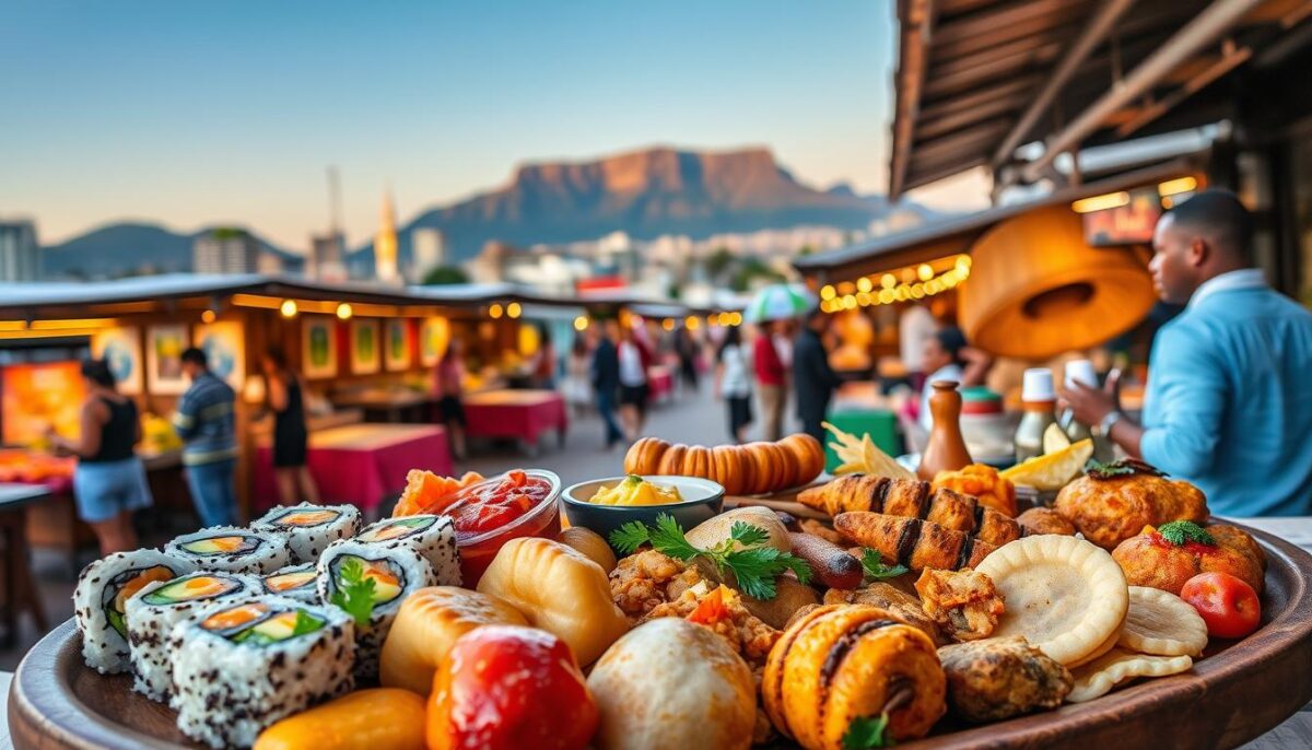 A vibrant global fusion feast, set against the backdrop of a cosmopolitan Cape Town cityscape. In the foreground, an artfully arranged platter showcases a diverse array of international dishes - sushi rolls, curry-infused dumplings, grilled satay skewers, and fragrant tagine. The middle ground features a bustling open-air market, with vendors hawking spices, fresh produce, and handcrafted wares. In the distance, the iconic Table Mountain looms, bathed in the warm glow of the setting sun. The scene is illuminated by natural, diffused lighting, capturing the rich textures and vibrant colors of this multicultural culinary experience. An atmosphere of festive celebration and cultural exchange permeates the frame, inviting the viewer to savor the flavors of a truly global fusion cuisine.