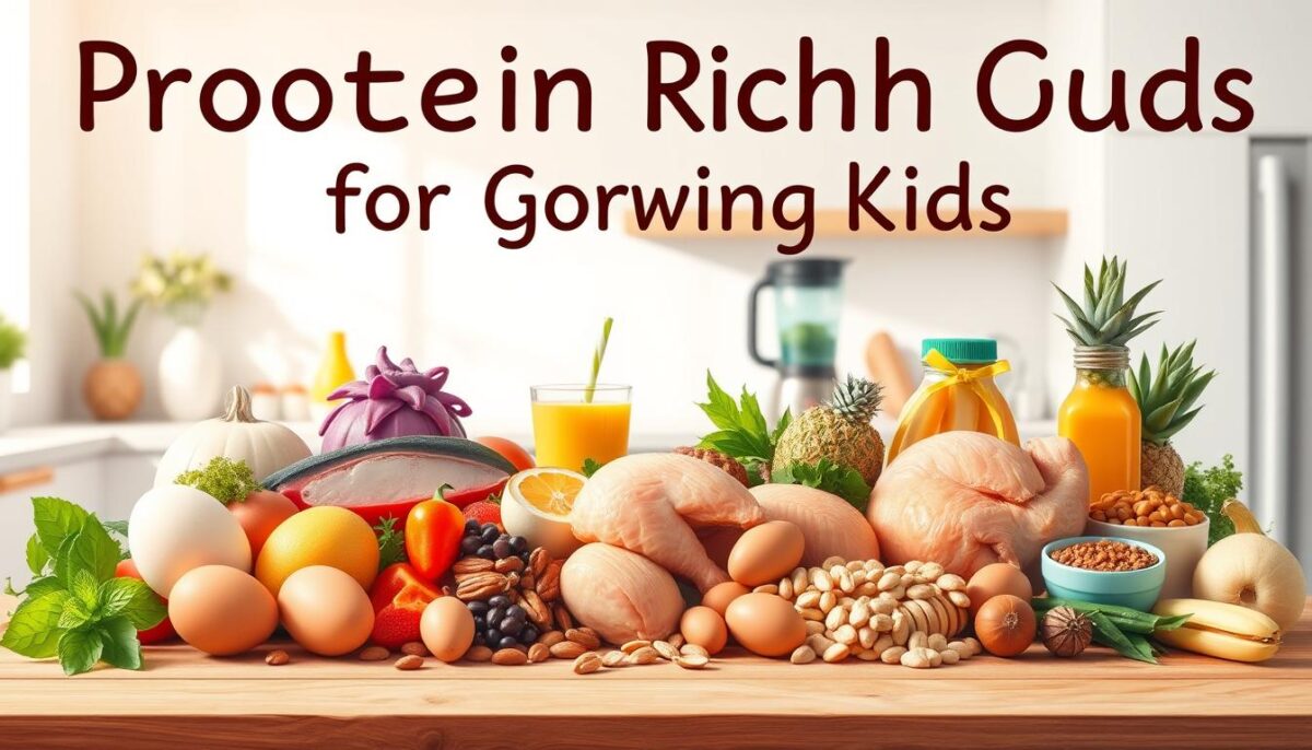 A vibrant illustration of diverse protein-rich foods for growing kids, captured in a light-filled, modern kitchen setting. In the foreground, an array of colorful ingredients, including eggs, fish, chicken, beans, and nuts, are artfully arranged on a wooden table. The middle ground features a blender or smoothie maker, hinting at the possibility of nutrient-dense beverages. The background showcases a clean, minimal kitchen design with bright, indirect lighting, creating a sense of warmth and nurturing. The overall composition conveys a message of balanced, wholesome nutrition to support the healthy growth and development of young children.