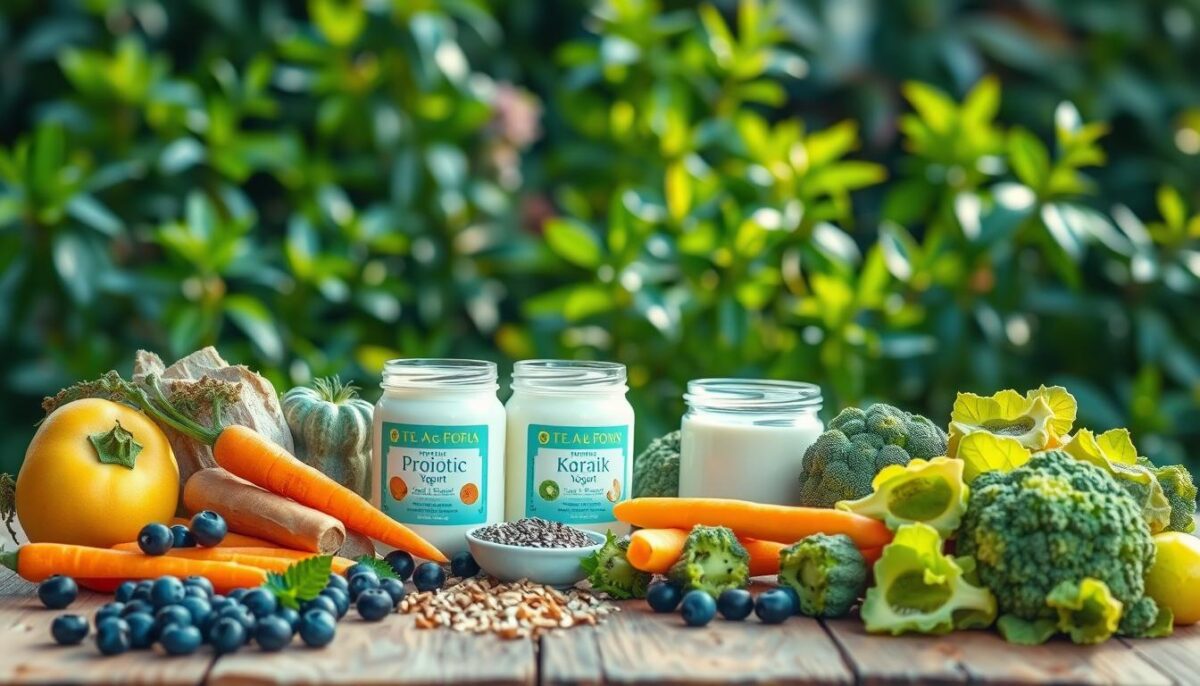 A vibrant, natural still life scene depicting an assortment of gut-friendly foods for children. In the foreground, an array of colorful fruits and vegetables such as blueberries, kiwi, carrots, and broccoli are arranged on a rustic wooden table, illuminated by soft, natural lighting. In the middle ground, jars of probiotic-rich yogurt and kefir are positioned, complemented by a sprinkling of chia seeds and granola. The background features lush, verdant foliage, suggesting a serene, garden-like atmosphere. The overall composition conveys a sense of nourishment, wholeness, and the importance of supporting a child's gut health and microbiome.