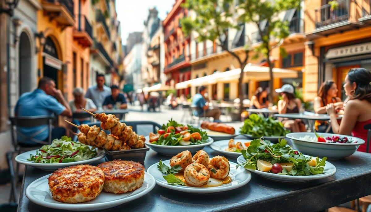 A vibrant outdoor dining scene in Buenos Aires, with a focus on vegetarian and seafood dishes. In the foreground, a table is set with a variety of plant-based seafood alternatives, such as crab cakes and "shrimp" skewers, alongside fresh salads and vegetable sides. The middle ground features a lively street with people dining al fresco, enjoying the warm, sunny atmosphere. In the background, the iconic architecture of Buenos Aires, including colorful buildings and lush greenery, creates a picturesque urban setting. The lighting is soft and natural, accentuating the vibrant colors and textures of the food and environment. The overall mood is one of a joyful, sustainable culinary experience that celebrates the diverse flavors of Argentina.