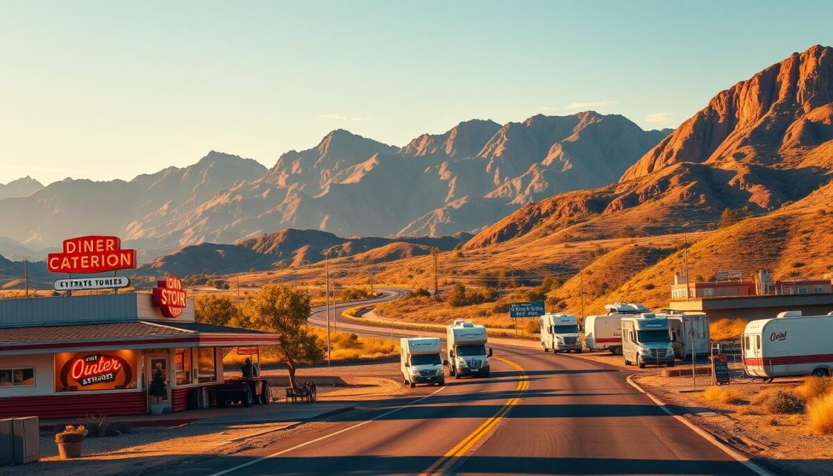 A vibrant road trip scene unfolds, showcasing iconic American eateries and hidden gems along a winding highway. In the foreground, a classic diner with neon signage beckons, its classic Americana atmosphere radiating warmth. The middle ground features a bustling truck stop, its parking lot dotted with RVs and food trucks serving up regional specialties. In the background, majestic mountains and rolling hills frame the scene, hinting at the diverse landscapes and culinary delights waiting to be discovered. Warm, golden lighting bathes the entire tableau, evoking a sense of nostalgic adventure and the promise of delicious discoveries ahead.
