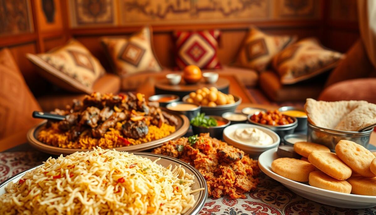 A vibrant spread of traditional Emirati dishes set against a backdrop of rich, warm tones. In the foreground, a platter showcases aromatic biryani rice, tender lamb machboos, and fragrant saffron-infused chicken. Beside it, a plate displays crisp falafel, tangy hummus, and freshly baked pita bread. In the middle ground, small bowls offer flavorful dips and chutneys, while in the background, a traditional majlis-style seating area with plush cushions and ornate patterns sets the cultural scene. Soft, diffused lighting casts a golden glow, evoking the comforting atmosphere of a family gathering. The image captures the essence of Dubai's rich culinary heritage and the allure of its hidden local gems.