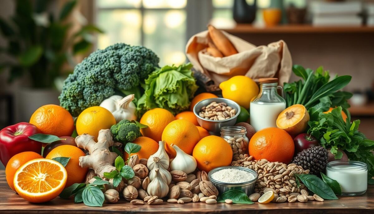 A vibrant still life composition showcasing an array of colorful, nutrient-dense immune-boosting foods. In the foreground, an assortment of fresh fruits and vegetables, including oranges, lemons, ginger, garlic, broccoli, and leafy greens, arranged in a visually striking manner. The middle ground features a selection of nuts, seeds, and fermented products like yogurt and kefir, all known for their immune-supporting properties. The background is softly blurred, creating a warm, inviting atmosphere lit by natural sunlight filtering through a window. The overall composition exudes a sense of health, vitality, and the power of wholesome, nourishing foods to strengthen the body's natural defenses.