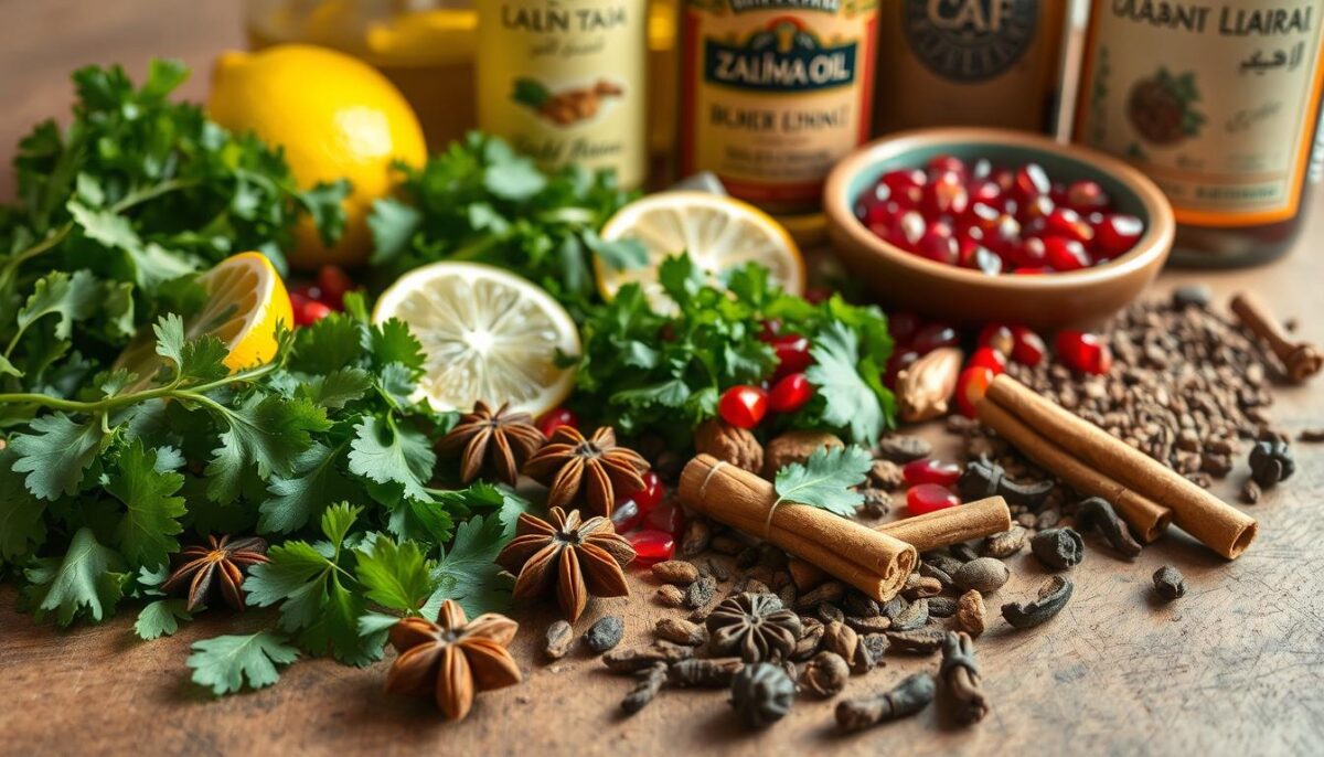 A vibrant still life of Lebanese spices and ingredients, captured in a warm, natural light. In the foreground, an assortment of whole spices - fragrant cinnamon sticks, star anise, cardamom pods, and cloves - arranged on a rustic wooden surface. In the middle ground, an array of freshly chopped herbs, such as parsley, mint, and cilantro, alongside sliced lemon wedges and pomegranate seeds. In the background, a selection of traditional Lebanese pantry staples - olive oil, za'atar seasoning, tahini, and bulgur wheat - all framed by a simple, neutral-toned backdrop that allows the bold, balanced flavors to take center stage.