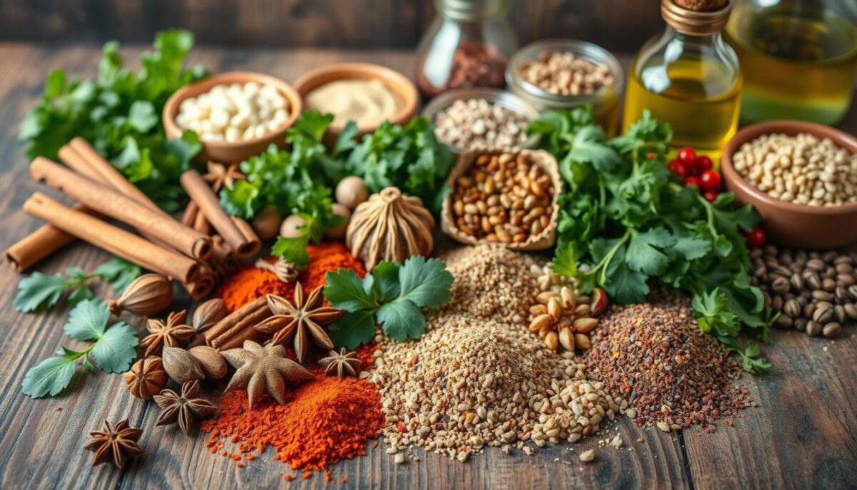 A vibrant still life of Lebanese spices and ingredients, meticulously arranged on a rustic wooden surface. In the foreground, an assortment of whole and ground spices, including fragrant cinnamon sticks, star anise, allspice, cumin, and sumac. The middle ground features a variety of fresh herbs like parsley, mint, and za'atar, their lush green hues contrasting with the earthy tones of the spices. In the background, a selection of typical Lebanese ingredients such as tahini, pomegranate molasses, olive oil, and various grains and legumes. The lighting is soft and warm, casting subtle shadows and highlighting the textures and colors of the scene. The overall atmosphere is one of richness, complexity, and the promise of bold, balanced flavors.