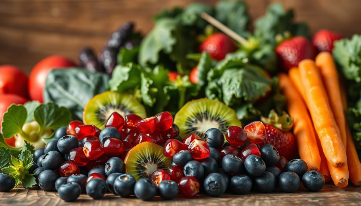 A vibrant still life showcasing an assortment of antioxidant-rich foods arranged on a wooden table. In the foreground, a cluster of deep purple blueberries, crisp ruby-red pomegranate arils, and emerald-green kiwi slices. In the midground, a scattering of vibrant orange carrot sticks and deep crimson strawberries. The background features a selection of leafy greens such as spinach and kale, their lush textures and verdant hues contrasting beautifully. Warm, diffused lighting casts a soft, natural glow over the scene, highlighting the vivid colors and textures of the wholesome ingredients. The overall composition evokes a sense of nourishment, vitality, and the abundance of nature's immune-boosting bounty.