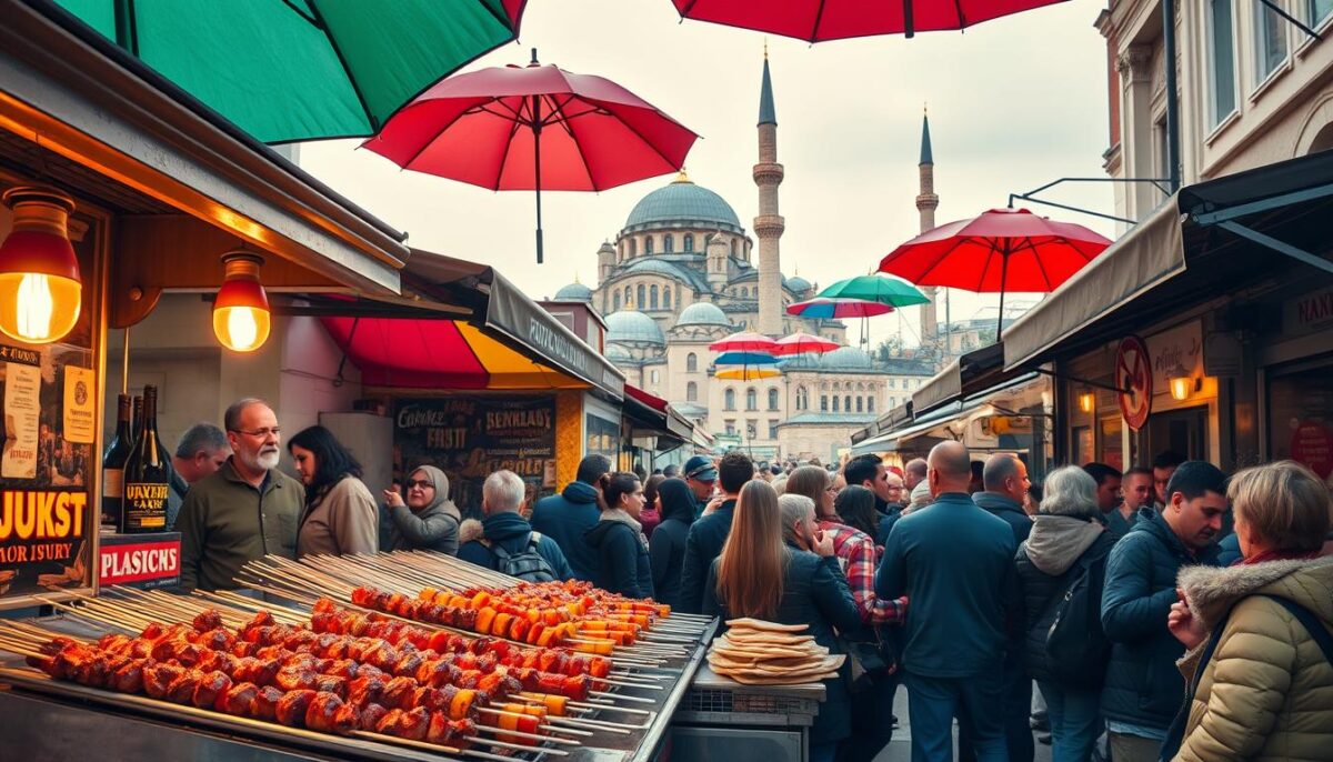 A vibrant street scene in Istanbul's historic Old Town, capturing the essence of budget-friendly local cuisine. In the foreground, a bustling street food stall offers an array of sizzling delicacies - skewers of juicy grilled meats, fragrant spices, and freshly baked flatbreads. The middle ground features a kaleidoscope of colorful umbrellas and awnings, casting a warm, golden glow over the lively crowd of savvy food-lovers. In the background, the iconic domes and minarets of the city's ancient mosques rise majestically, creating a timeless backdrop. The overall atmosphere is one of energy, authenticity, and a celebration of the rich culinary heritage of this captivating city.