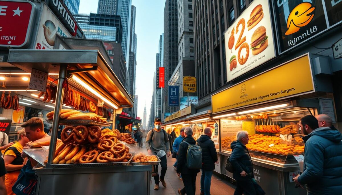A vibrant street scene in New York City, bustling with vendors selling a variety of tempting street food. In the foreground, a cart overflows with steaming hot dogs, sizzling pretzels, and fragrant halal platters, attracting a crowd of hungry passersby. The middle ground features a diverse array of food stalls, each offering a unique culinary experience, from crisp, golden-brown falafel to fragrant steam buns and juicy, dripping burgers. The background is framed by the iconic skyscrapers of the city, casting a warm, golden glow over the lively, dynamic atmosphere. Captured with a wide-angle lens, the image conveys the energy, diversity, and unparalleled culinary delights of New York's iconic street food culture.