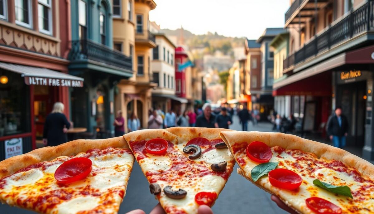 A vibrant street scene in San Francisco's iconic North Beach neighborhood, showcasing several freshly baked pizza slices. The foreground features three steaming hot pizza slices, each with a crisp golden crust, gooey cheese, and a variety of toppings - pepperoni, mushrooms, and fresh basil. In the middle ground, pedestrians stroll along the bustling sidewalk, passing by charming Italian-style cafes and bakeries. The background is dominated by the classic architecture of North Beach, with its colorful buildings, wrought-iron balconies, and a glimpse of the hilly San Francisco skyline. The image is lit by warm, golden sunlight, creating a cozy and inviting atmosphere, perfect for a neighborhood food tour.