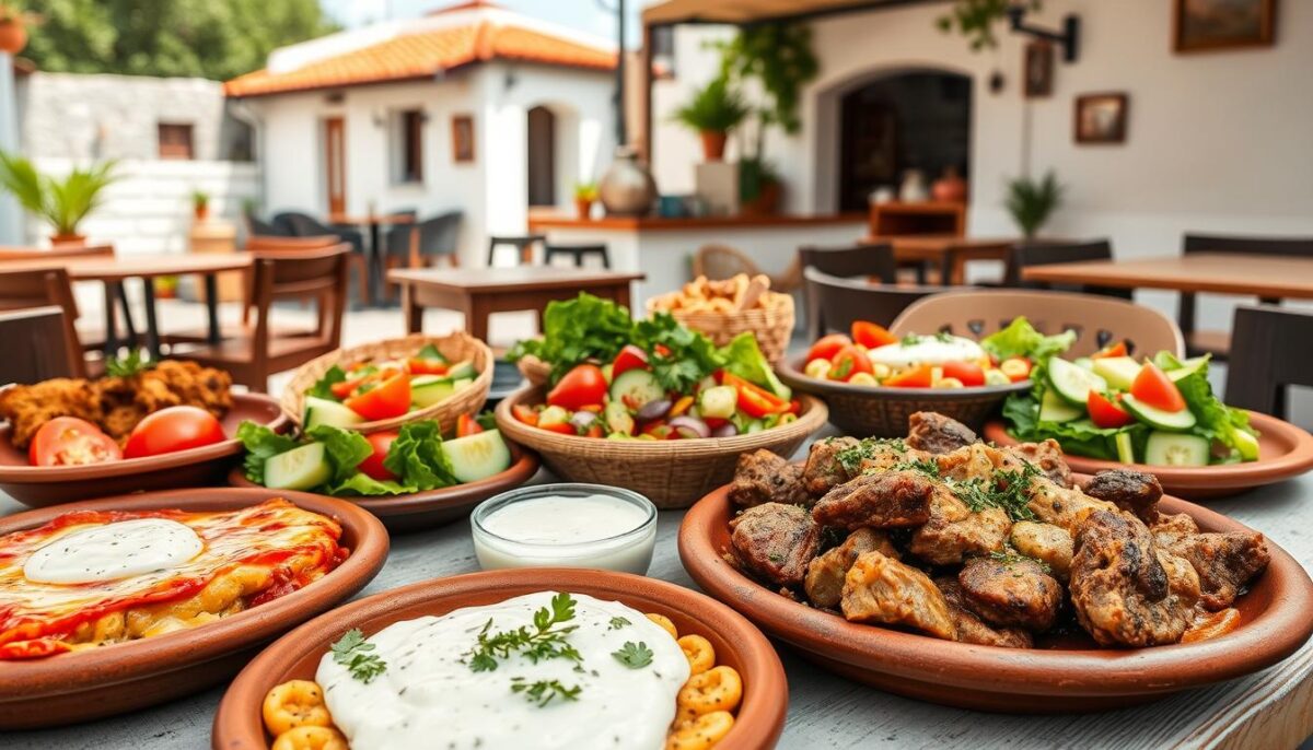 A vibrant tableau of authentic Greek dishes, captured in a warm, natural light. In the foreground, a delectable spread of traditional moussaka, tender lamb souvlaki, and creamy tzatziki, artfully arranged on rustic clay plates. The middle ground features a selection of fresh, vibrant salads adorned with juicy tomatoes, crisp cucumbers, and fragrant oregano. In the background, a glimpse of a quaint taverna, its whitewashed walls and terracotta roofs evoking the charming ambiance of a quintessential Athenian neighborhood. The overall scene exudes a sense of casual, yet refined, local dining culture, inviting the viewer to experience the flavors and atmosphere of Athens' thriving culinary landscape.