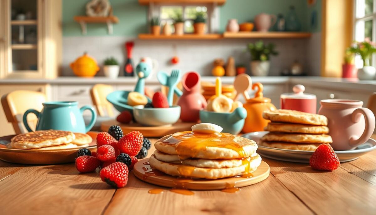 A vibrant, whimsical scene of a child-friendly breakfast spread, captured in warm, natural lighting. In the foreground, a wooden table adorned with an assortment of colorful, wholesome breakfast items - fluffy pancakes, fresh berries, sliced bananas, and a drizzle of honey. In the middle ground, a playful arrangement of playful, sculpted ceramic dishes and utensils, each with a unique, kid-friendly design. In the background, a cozy kitchen setting with pastel-colored walls, a cheerful window, and a hint of greenery, creating a relaxed, inviting atmosphere. The overall composition evokes a sense of joy, creativity, and nourishment, perfectly capturing the "Brainpower Breakfast Ideas: Creative and Kid-Friendly Recipes" theme.