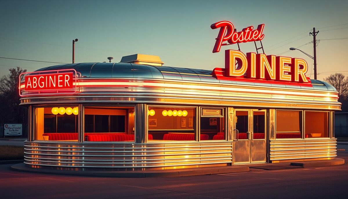 A vintage prefabricated diner stands proudly in the mid-20th century American landscape. Its chrome-trimmed exterior reflects the warm glow of a soft, golden hour light. The diner's curved stainless steel facade and neon-lit signage evoke the classic Streamline Moderne architectural style. Through the large picture windows, one can see cozy red leather booths and white tile countertops, inviting passersby to come inside and experience a taste of Americana. The diner's design suggests efficiency, mobility, and a sense of community, capturing the evolution from the early lunch wagons to the stationary diners that became integral to the fabric of small-town life.