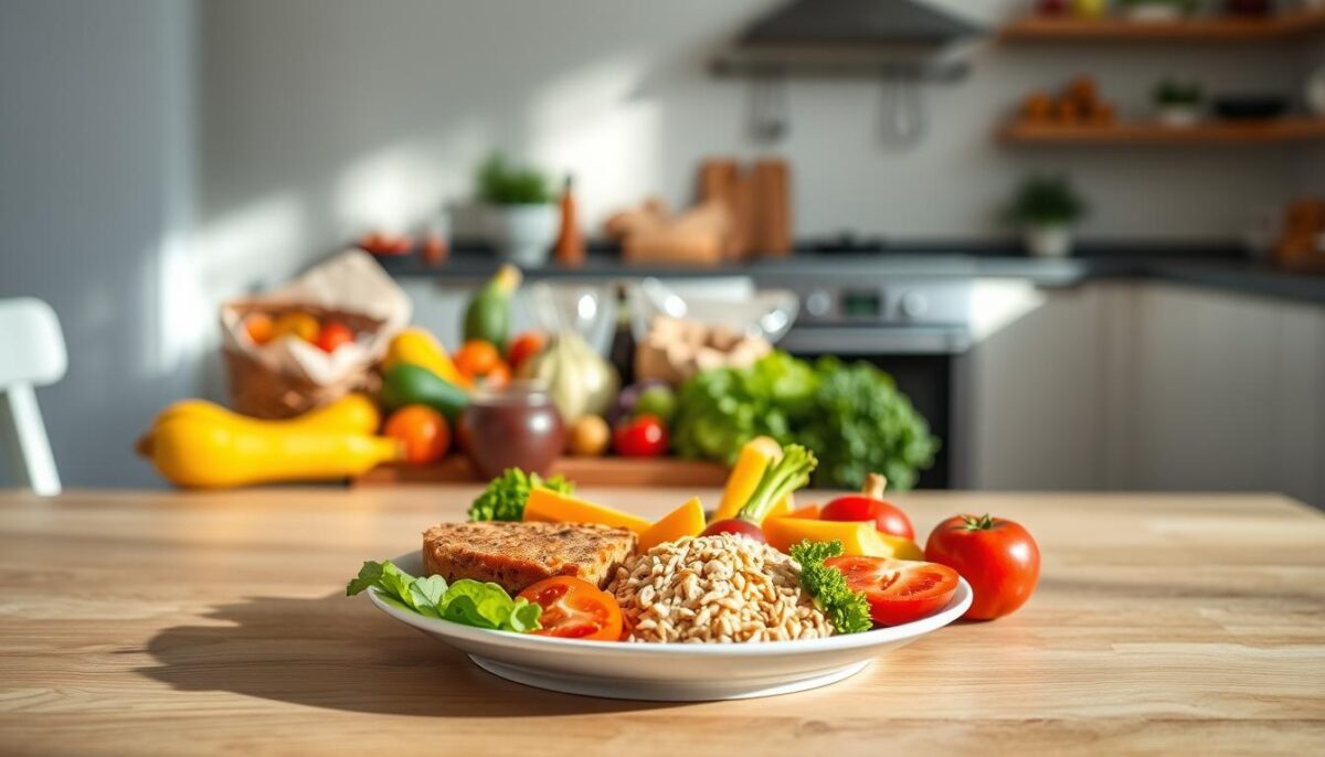 A visually balanced and nutritious meal plan for a growing child, featuring a harmonious arrangement of colorful, fresh ingredients. In the foreground, a wooden table is set with a plate showcasing a well-proportioned meal - lean protein, whole grains, vibrant vegetables, and a side of fresh fruit. Soft, natural lighting illuminates the scene, creating a warm, inviting atmosphere. In the middle ground, a selection of complementary food items are neatly arranged, highlighting the variety and balance of the meal plan. The background depicts a clean, minimalist kitchen interior, emphasizing the simplicity and practicality of this child-friendly approach to height-enhancing nutrition.
