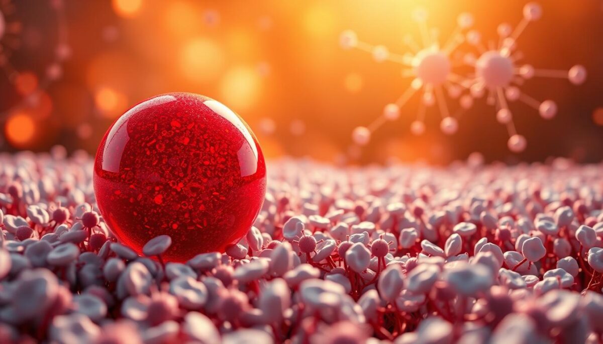 A visually striking depiction of the complex interplay between blood sugar levels and the human immune system. In the foreground, a vibrant red sphere represents a blood sugar molecule, surrounded by a field of white blood cells in various states of activation. The middle ground showcases a network of interlinking pathways, illustrating the intricate signaling cascades that modulate the immune response. The background bathes the scene in a warm, golden glow, suggestive of the delicate balance required for optimal immune function. Crisp, high-resolution details and a cinematic depth of field convey the scientific gravity of the subject matter. The overall composition evokes a sense of dynamism and visual harmony, reflecting the critical role of blood sugar regulation in maintaining a healthy, well-balanced immune system.
