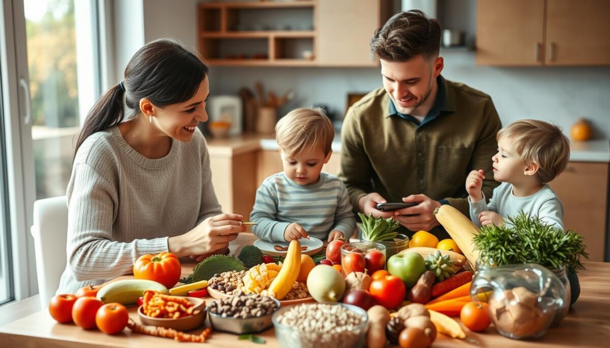 A warm, inviting scene of a family gathered around a table, exploring a variety of nutritious foods. In the foreground, a mother sits with her young child, guiding them through different healthy options, while the father and older sibling engage in a lively discussion. The middle ground showcases an array of colorful fruits, vegetables, grains, and protein sources, artfully arranged to entice. Soft, natural lighting fills the room, creating a cozy, educational atmosphere. The background suggests a modern, minimalist kitchen design, allowing the focus to remain on the family's mealtime experience. This image aims to convey the importance of parental guidance and practical strategies for promoting children's optimal growth and development through balanced nutrition.