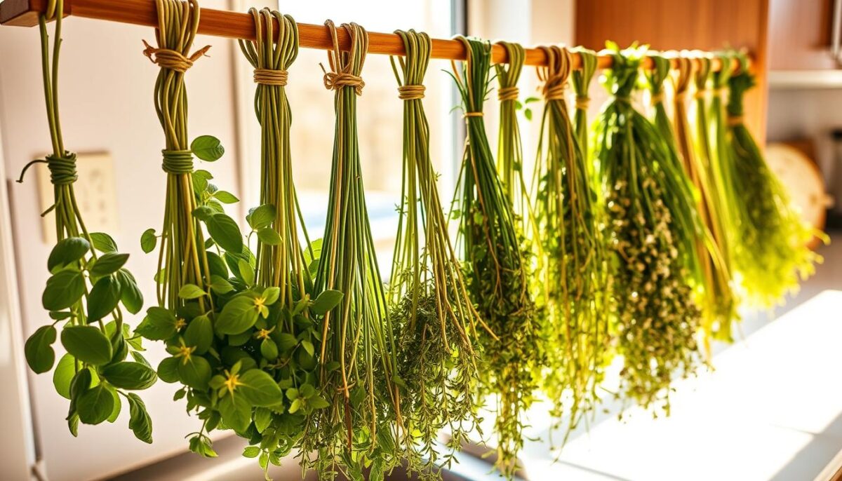 A well-lit kitchen counter, with various herbs arranged in an orderly manner, their stems bound together and hung from a wooden drying rack. The herbs, ranging from fragrant basil to earthy thyme, are bathed in warm, diffused lighting that accentuates their vibrant colors and delicate textures. In the background, a window allows natural sunlight to filter in, casting a soft, golden glow over the scene. The overall atmosphere is one of careful attention to detail, with the herbs meticulously prepared for long-term storage and future culinary use.